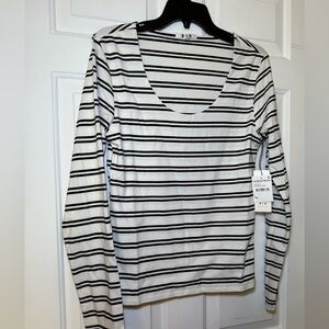 Three Dots White Scoop Neck Black Stripes Blouse Large NWT Comfy Casual